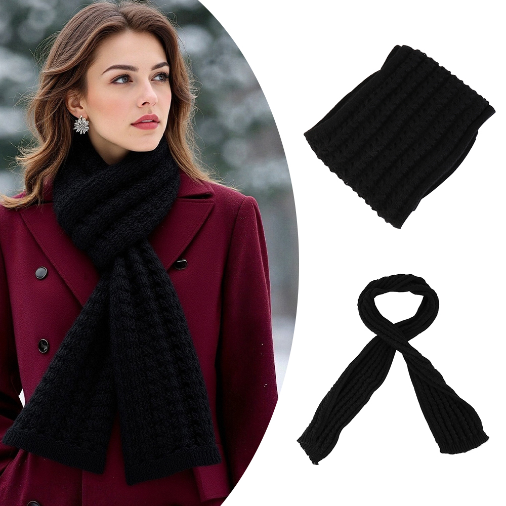 Scarf Women Winter Versatile Solid Color Thickened Woolen Knitted Scarf - Black - Image 10