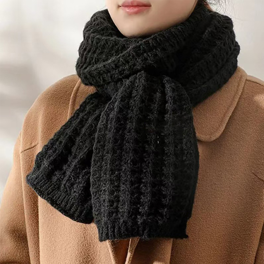 Scarf Women Winter Versatile Solid Color Thickened Woolen Knitted Scarf - Black - Image 5