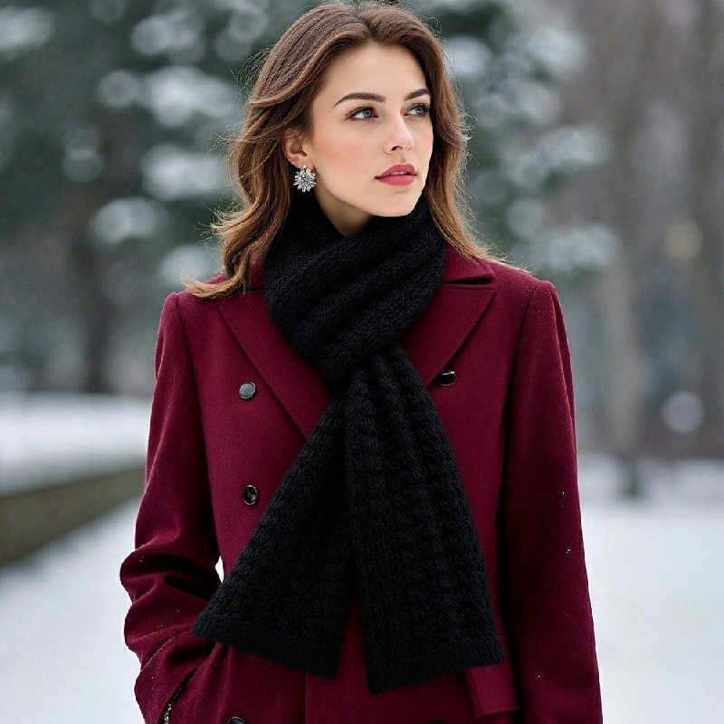 Scarf Women Winter Versatile Solid Color Thickened Woolen Knitted Scarf - Black - Image 6